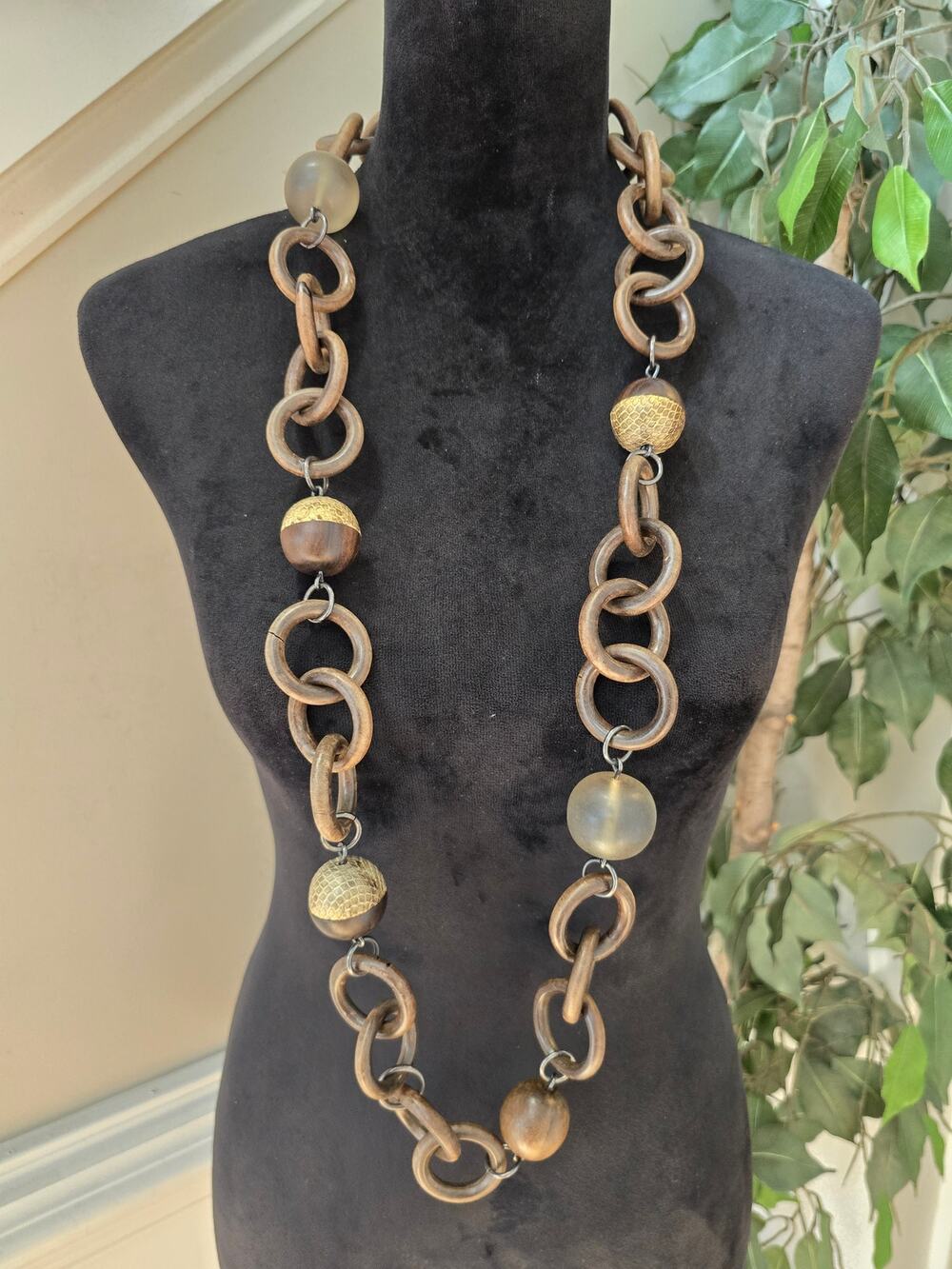 Long Brown Chunky Link Beaded Statement Necklace Boho